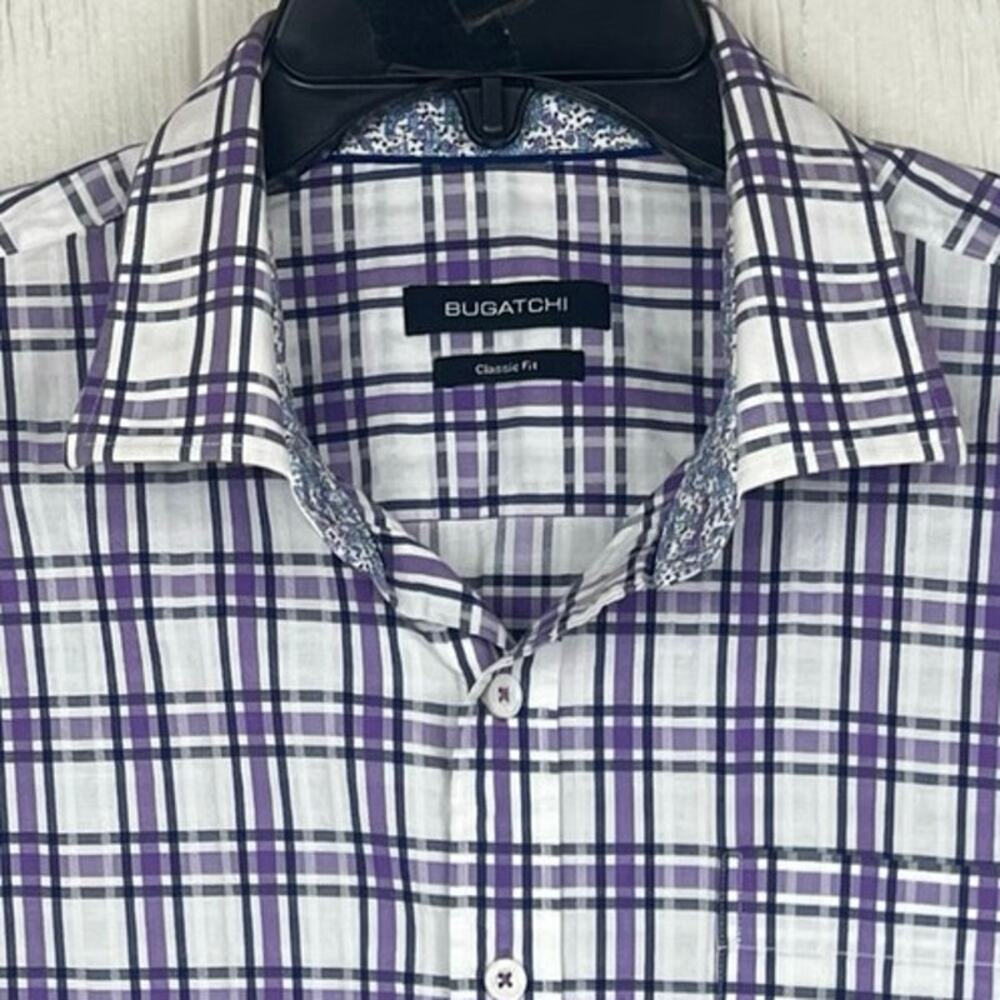 Bugatchi shirt men’s XL Classic fit flip contrast cuffs Purple/blue print - Picture 2 of 6